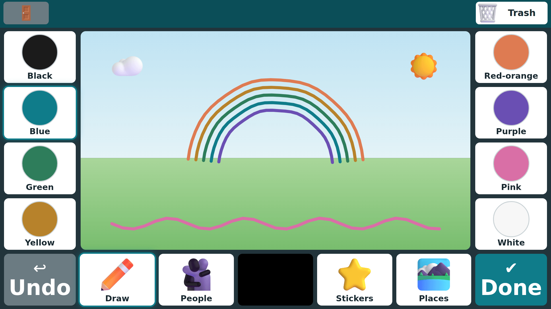 Draw mode: a rainbow and a wavy line drawn in different crayons, with eight crayon tiles on either side