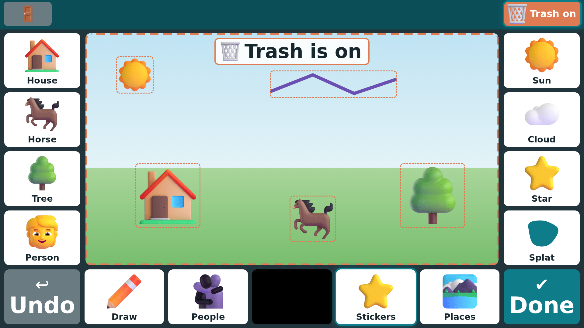 Trash mode on: the picture has an orange dashed frame and every sticker and line is outlined, ready to remove