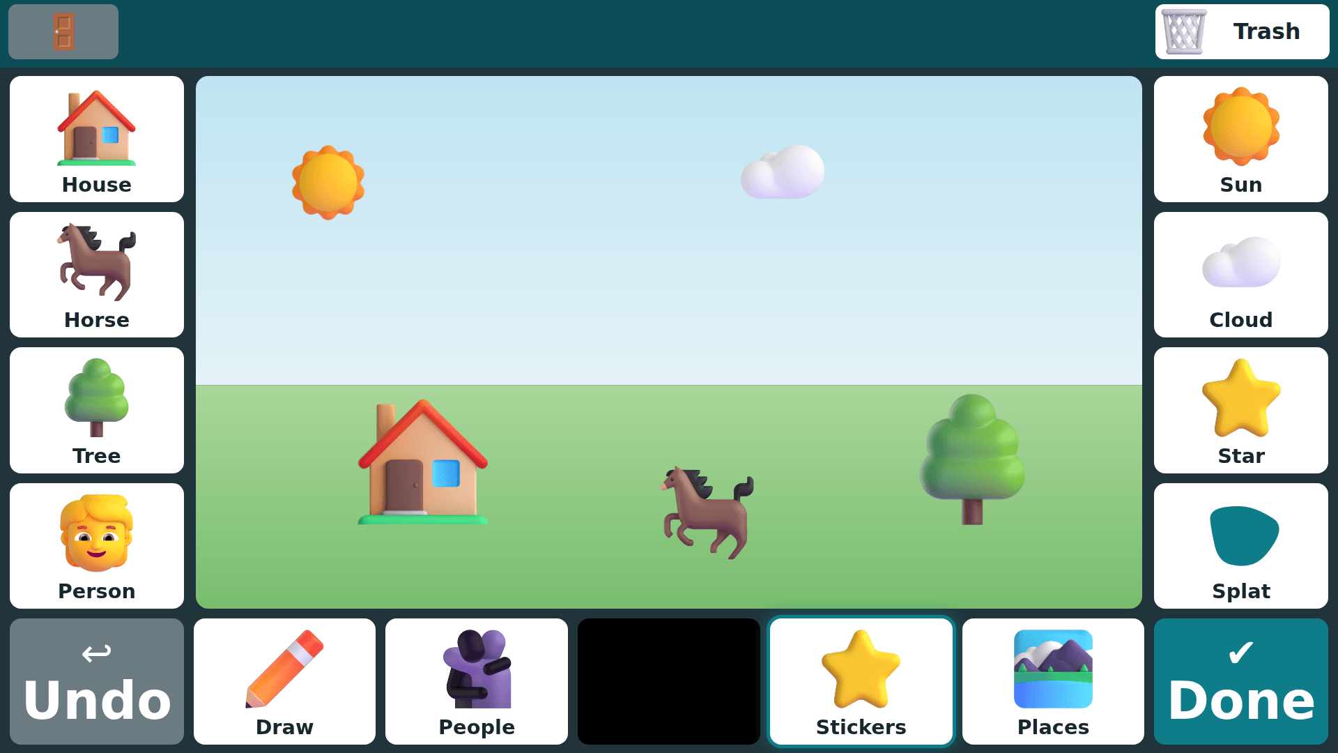 Drawing: a meadow picture with a house, a horse, a tree, the sun and a cloud, with eight sticker tiles on either side